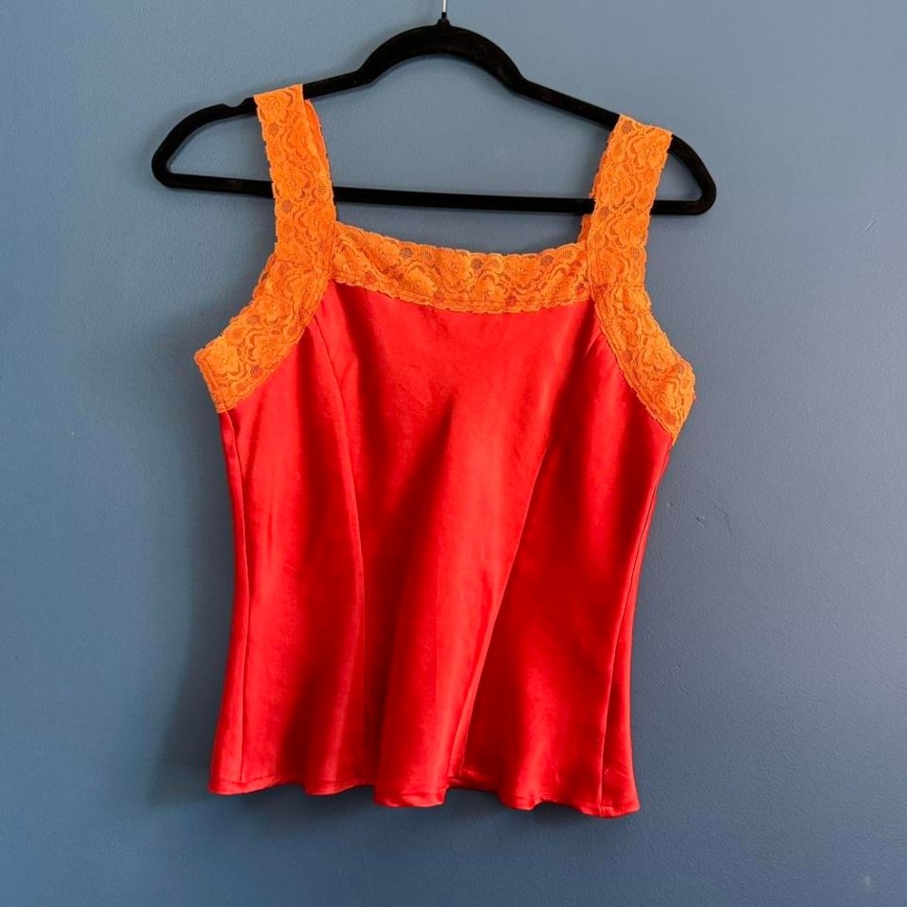 Y2K Going Out Top Women's Size Petite Small Victor Carlini Orange Lace Satin‎